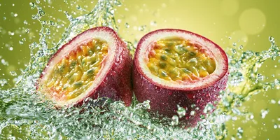 Two Halves of Fresh Passion Fruit Splashing in Water