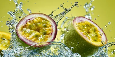 Fresh Passion Fruit Halves Splashing In Water