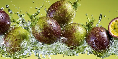 Fresh Passion Fruit Splashing In Clear Water