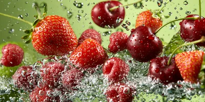 Fresh Berries and Cherries Splashing in Water