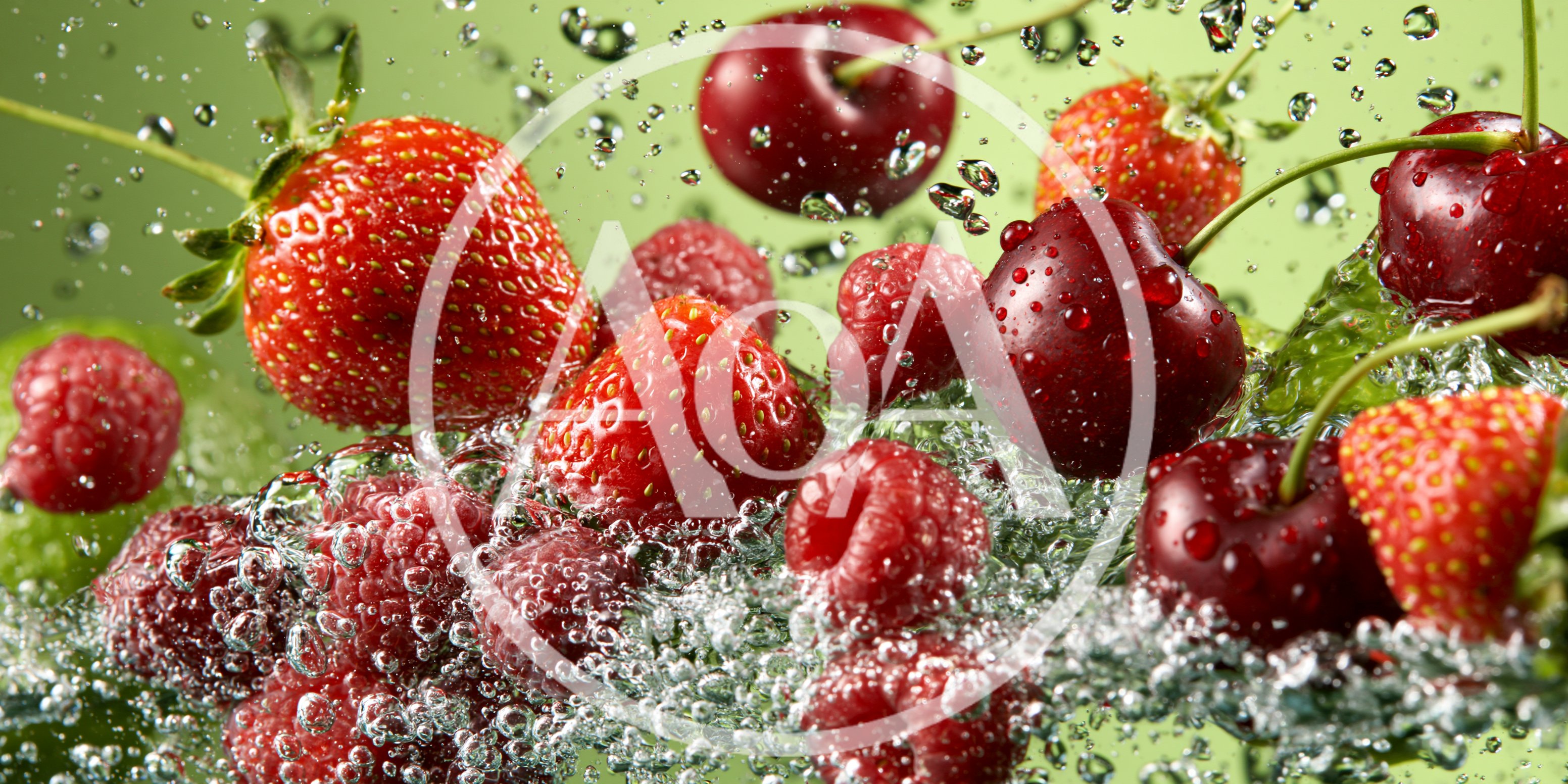 Fresh Berries and Cherries Splashing in Water