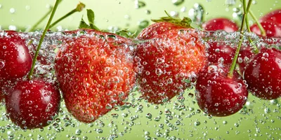 Fresh Strawberries and Cherries Submerged in Sparkling Water