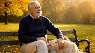 Senior Man Petting Golden Retriever on Park Bench