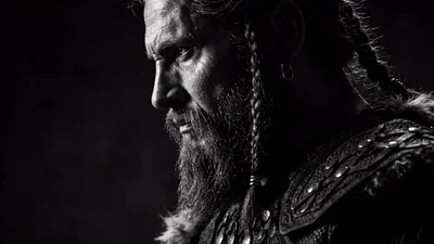Viking Warrior With Braided Beard Looking Intensely