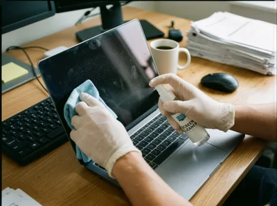Person Cleaning Laptop Screen With Spray And Cloth