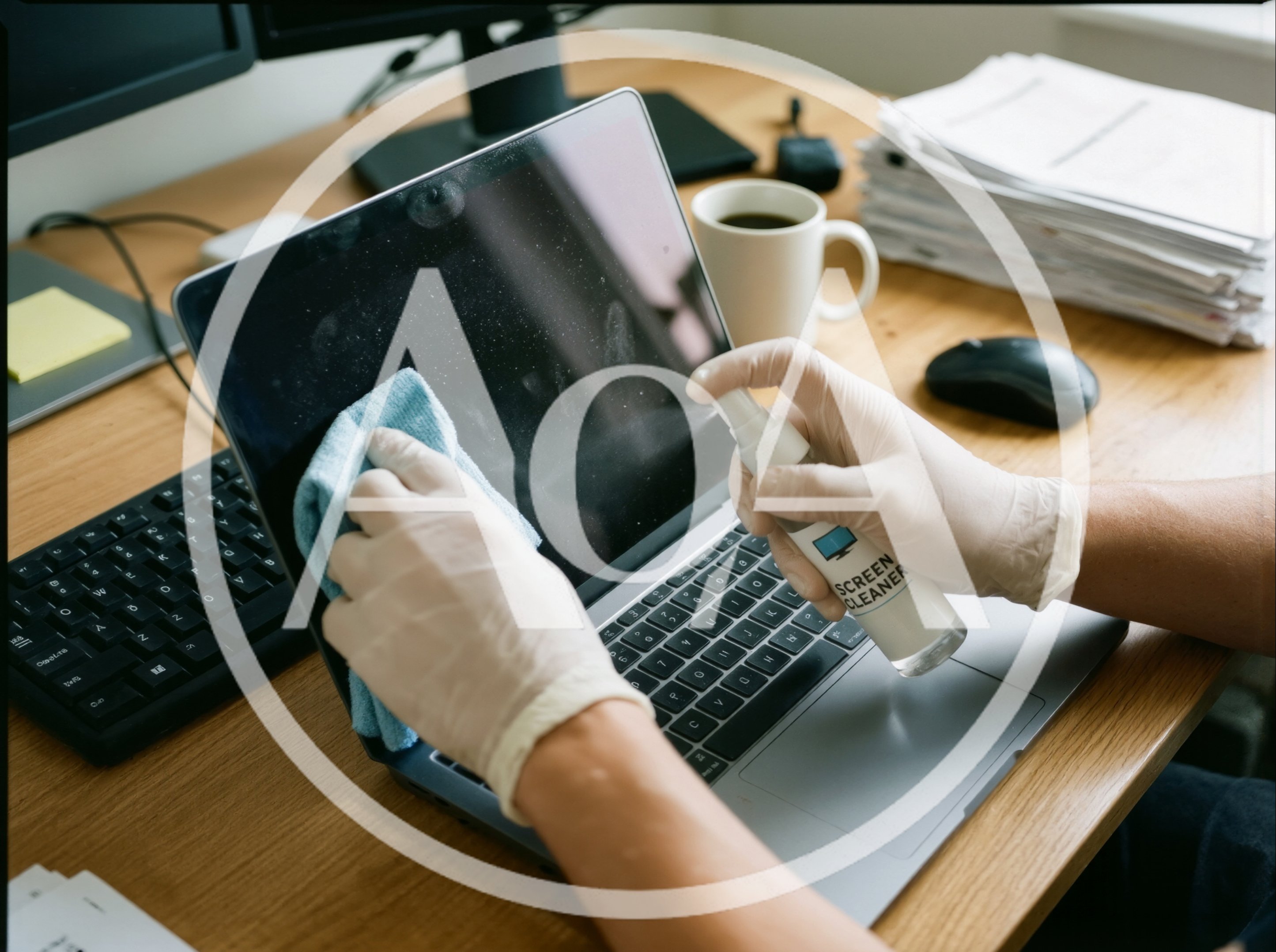 Person Cleaning Laptop Screen With Spray And Cloth
