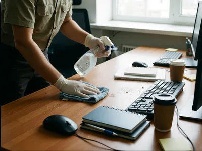 Professional Cleaner Sanitizing Office Desk Surface