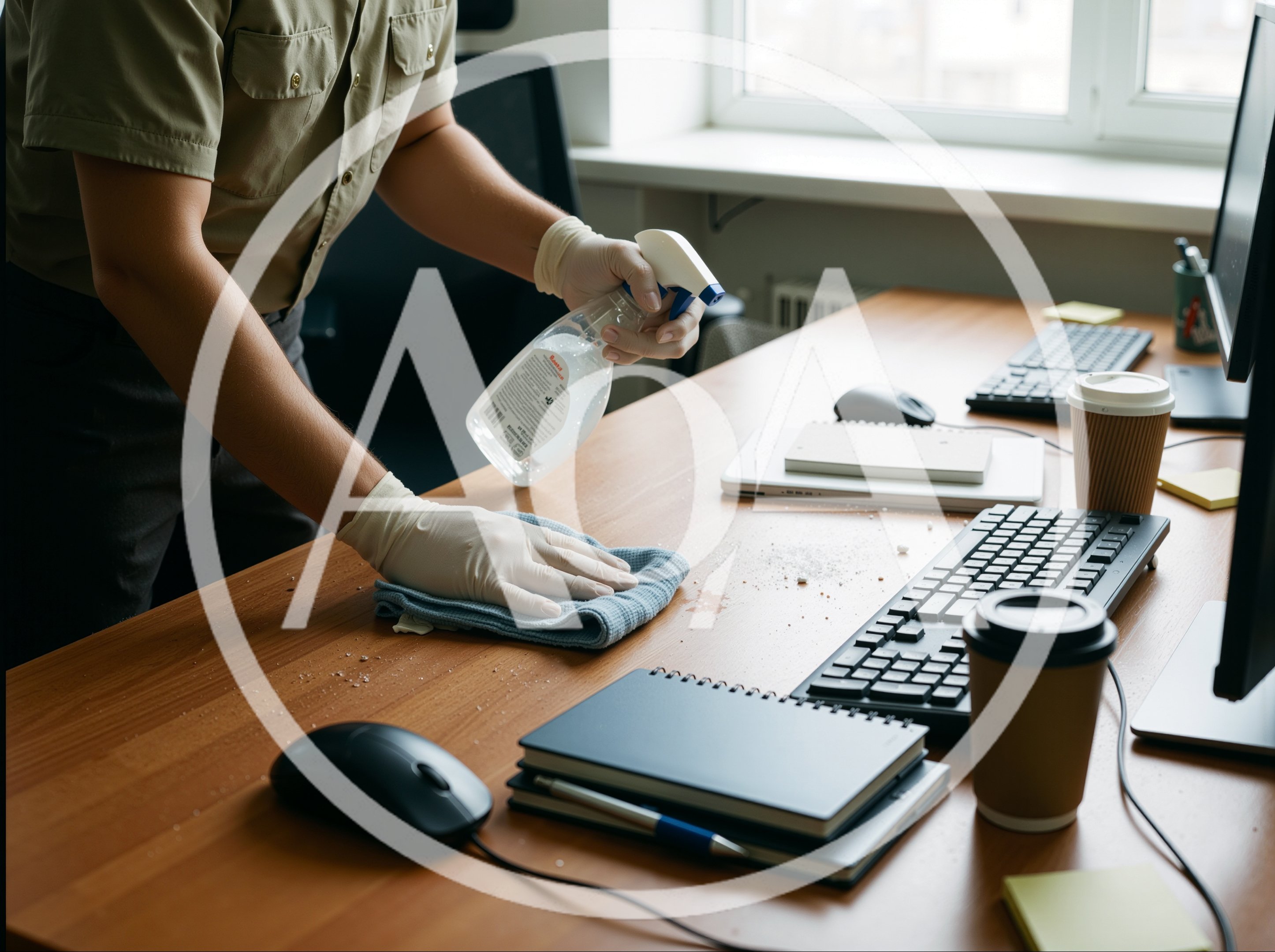 Professional Cleaner Sanitizing Office Desk Surface