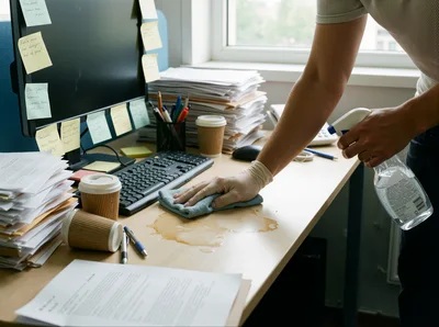 Person Cleaning Spilled Coffee From Office Desk