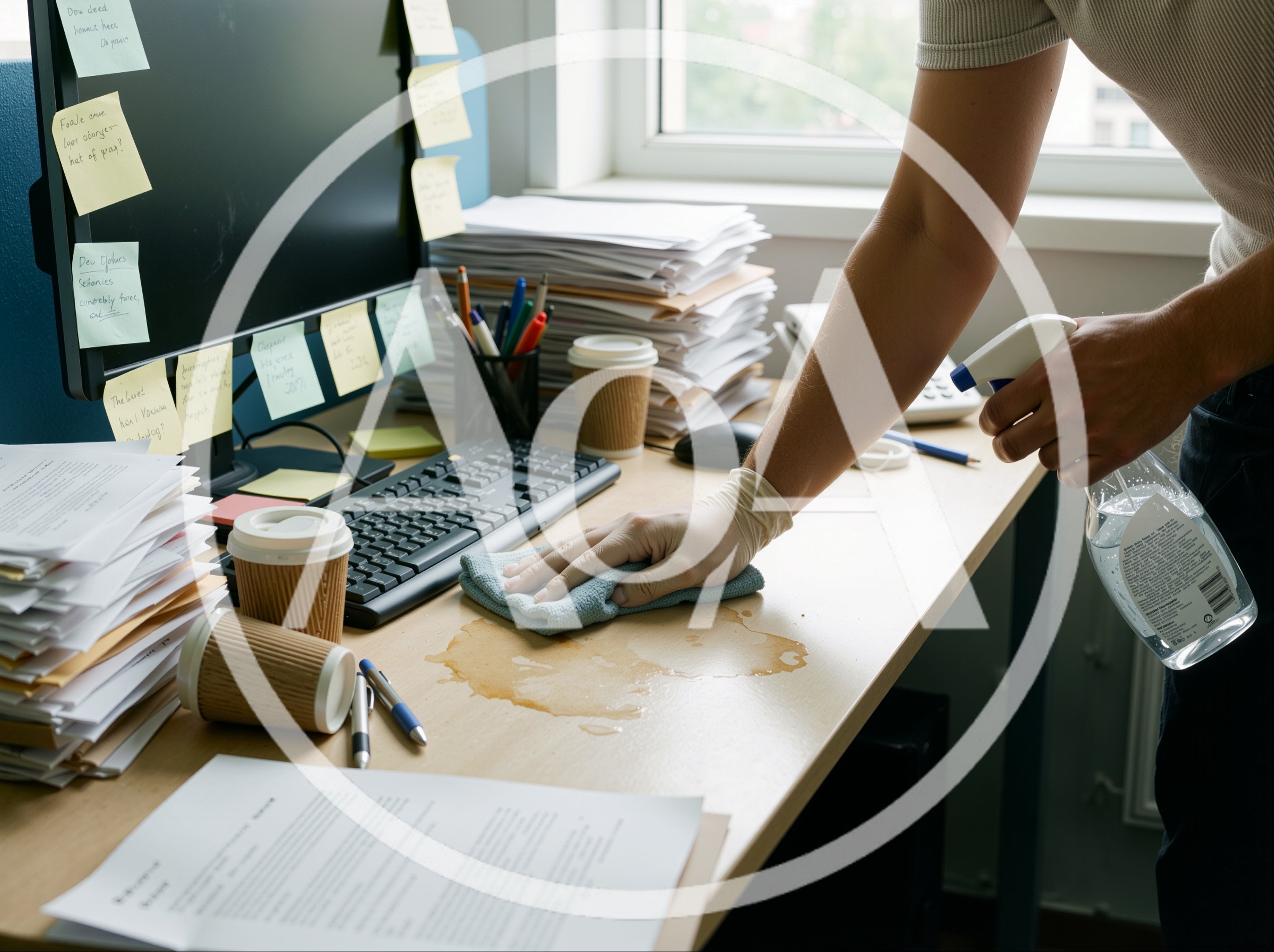 Person Cleaning Spilled Coffee From Office Desk