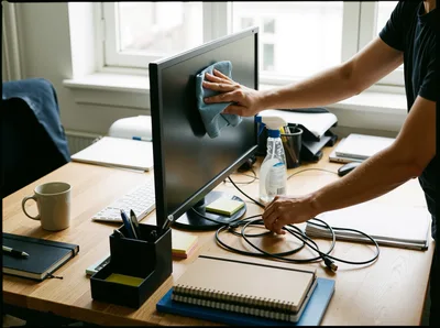 Person Cleaning Computer Monitor Screen In Office