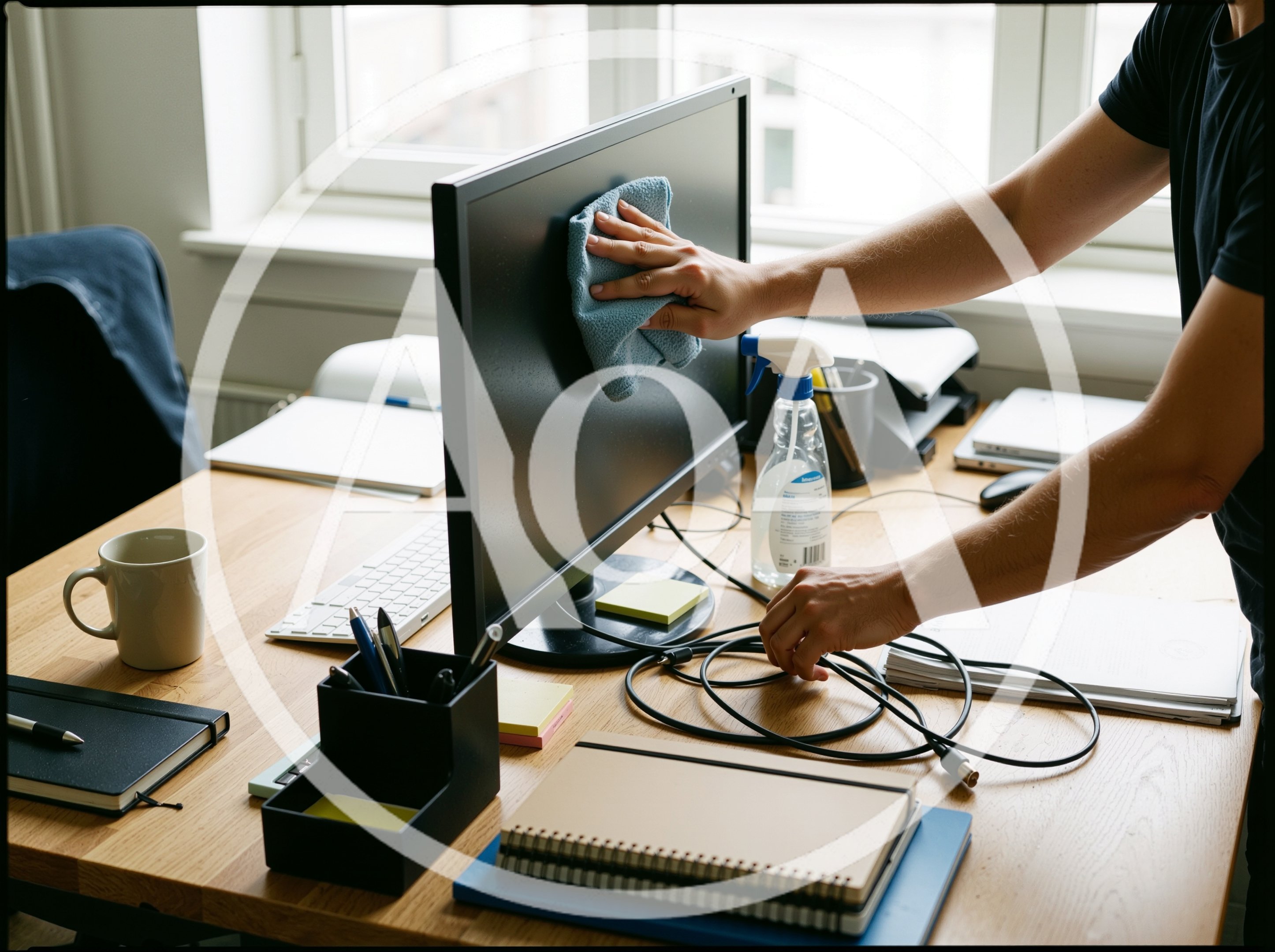 Person Cleaning Computer Monitor Screen In Office