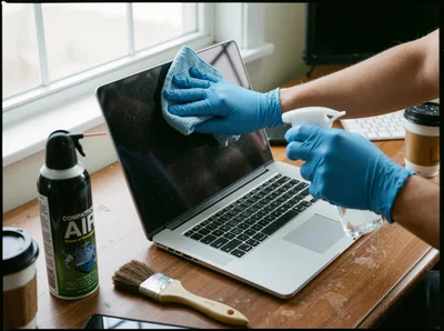 Person Cleaning Laptop Screen With Microfiber Cloth