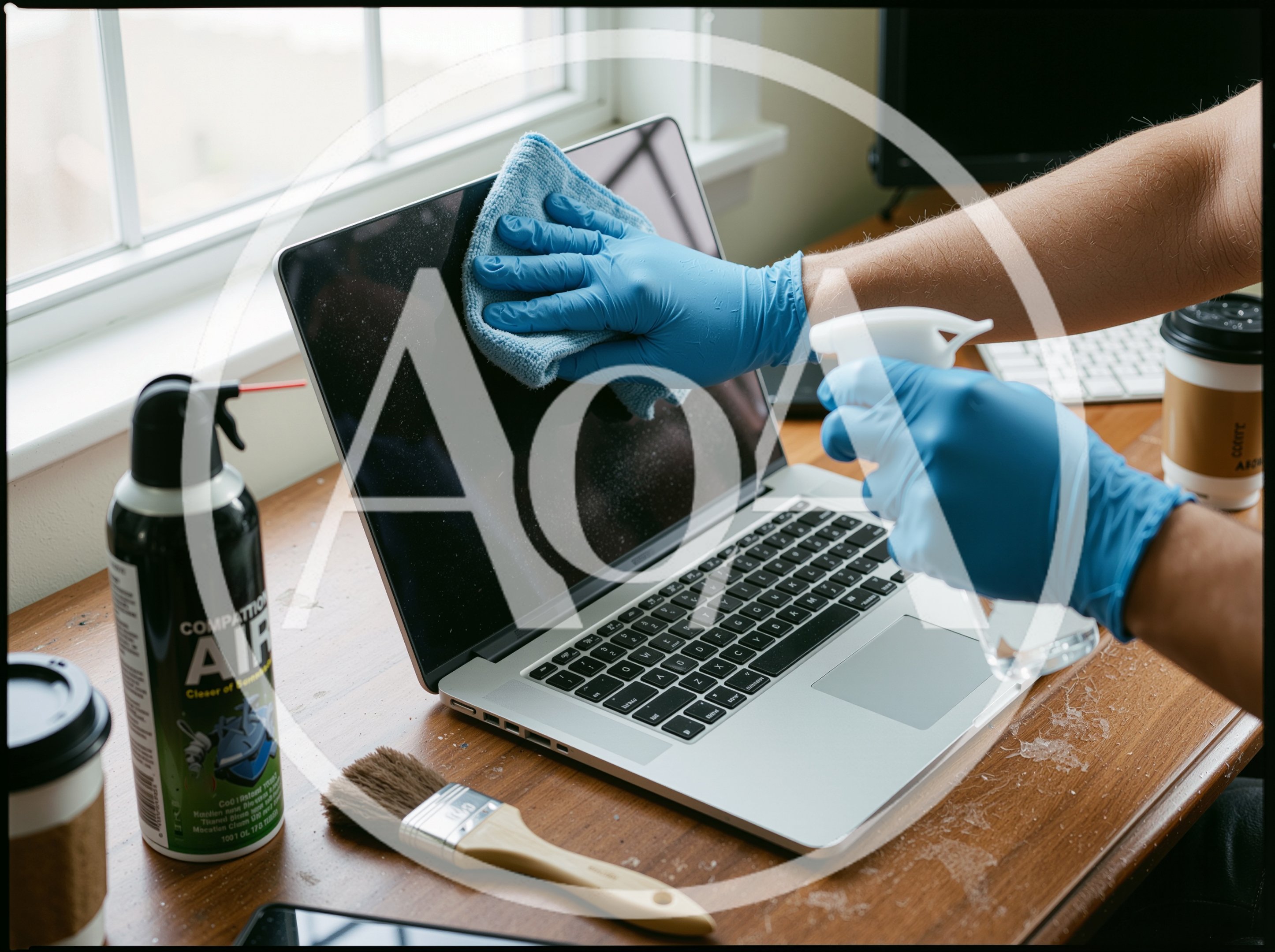 Person Cleaning Laptop Screen With Microfiber Cloth