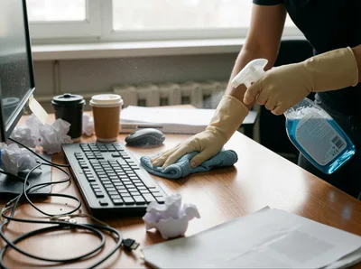 Person Cleaning Office Desk With Spray And Cloth