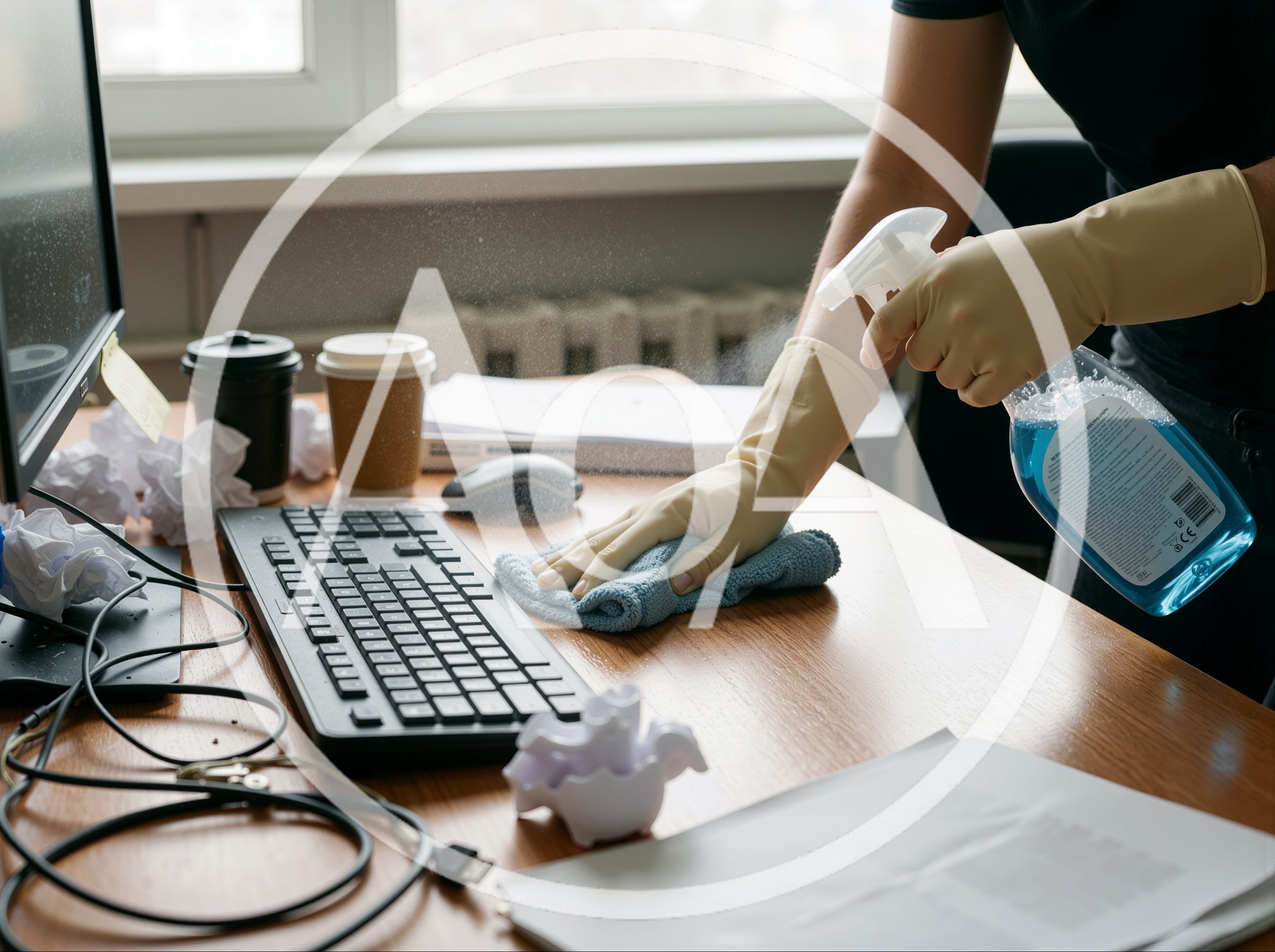 Person Cleaning Office Desk With Spray And Cloth