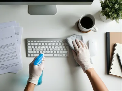 Person Cleaning Office Desk With Disinfectant Spray