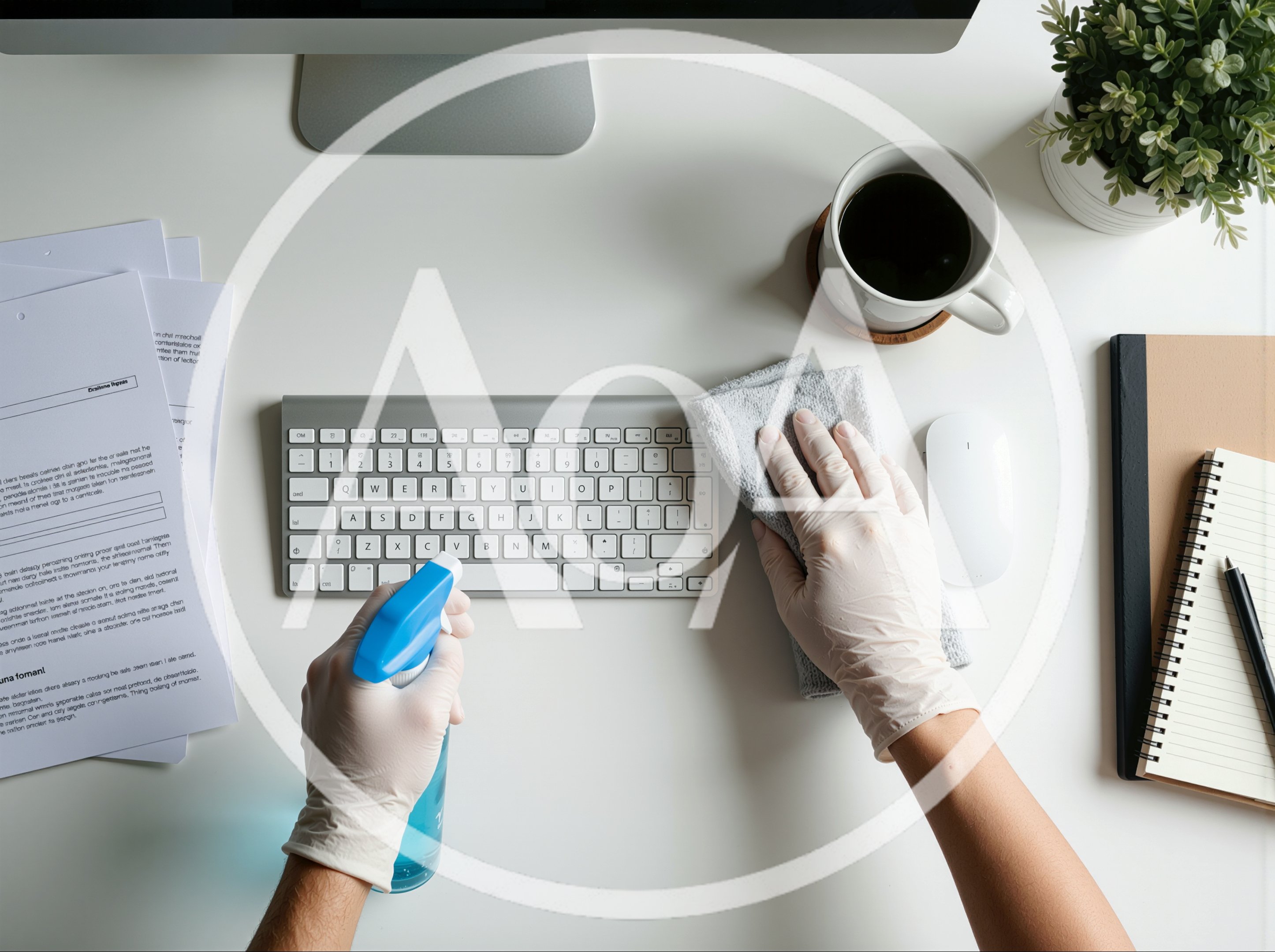 Person Cleaning Office Desk With Disinfectant Spray