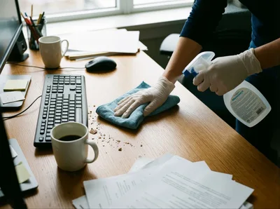 Person Cleaning Office Desk With Spray And Cloth