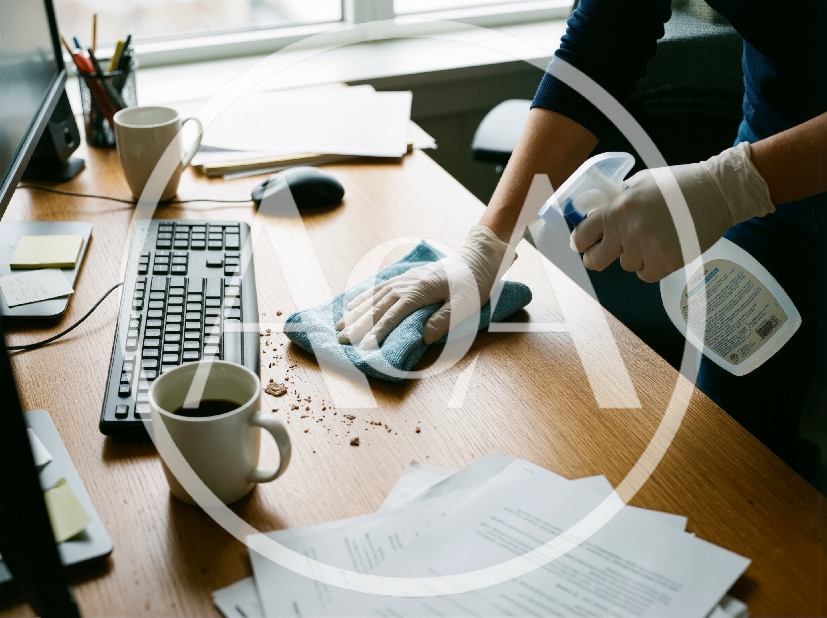 Person Cleaning Office Desk With Spray And Cloth