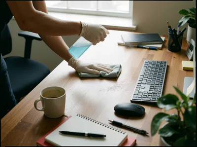 Person Cleaning Wooden Desk With Disinfectant Spray