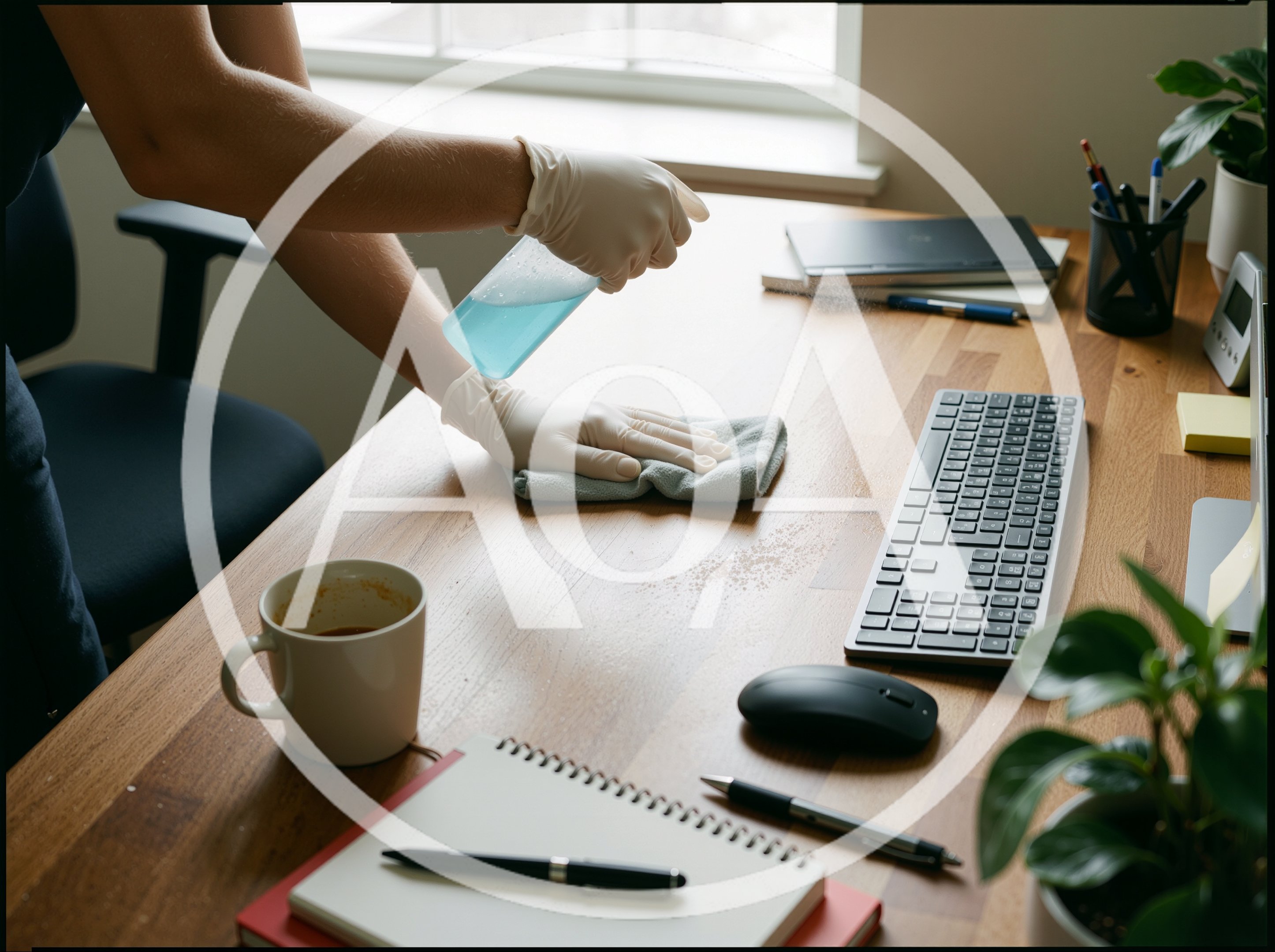 Person Cleaning Wooden Desk With Disinfectant Spray