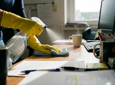 Person Cleaning Office Desk With Spray And Cloth