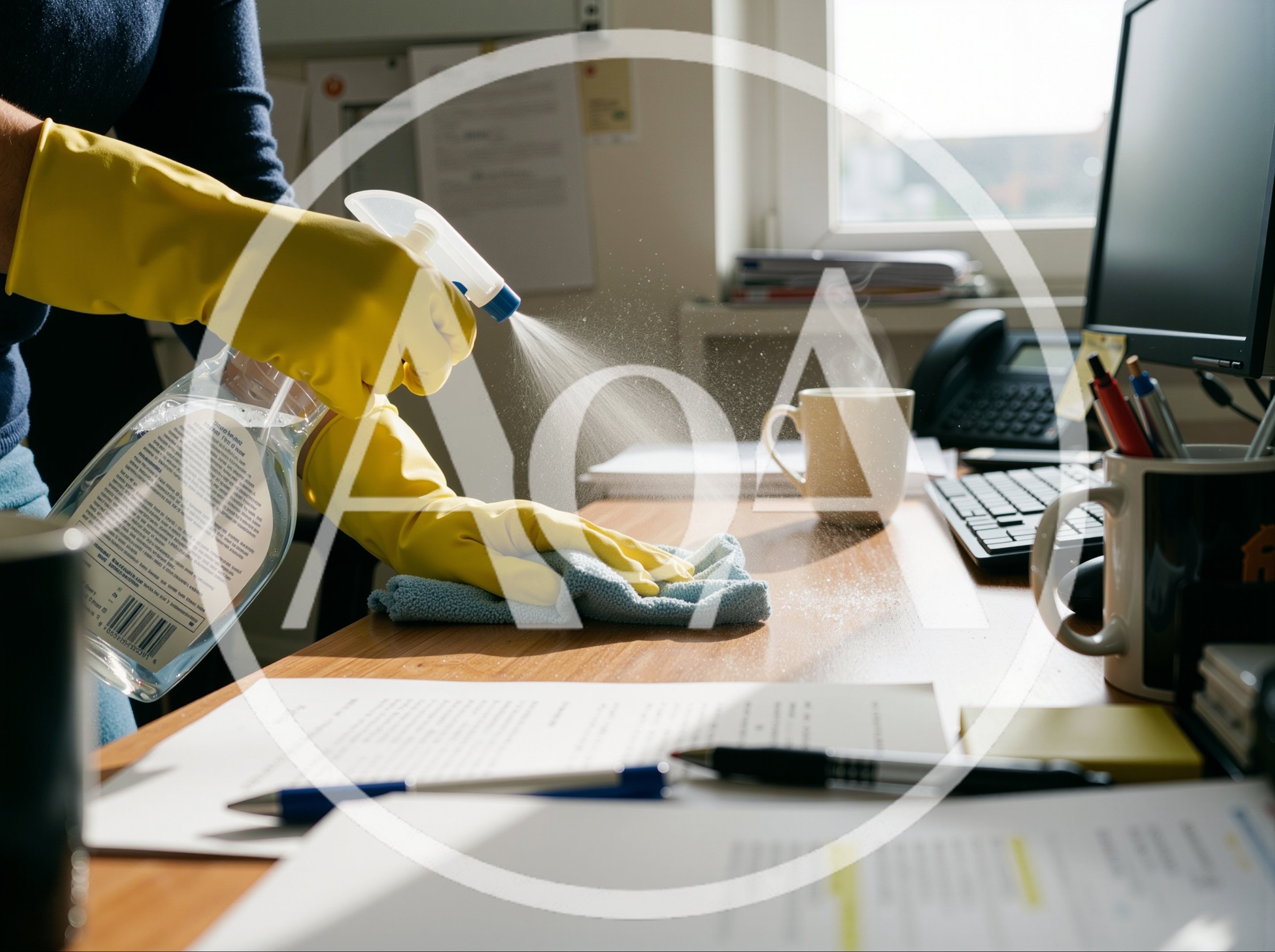 Person Cleaning Office Desk With Spray And Cloth