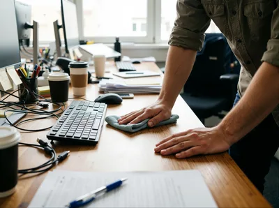 Office Worker Cleaning Wooden Desk Surface