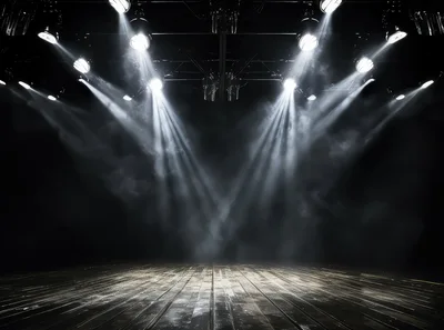 Empty Wooden Stage With Dramatic Spotlight Beams