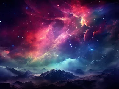 Surreal Mountain Landscape Under A Vibrant Cosmic Nebula