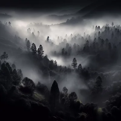 Misty Forest Landscape in Monochrome
