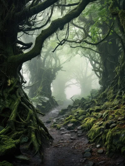 Ancient Mossy Forest Path In Thick Fog