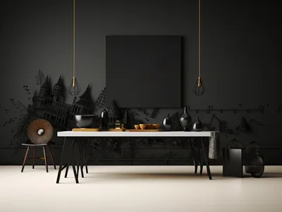 Modern Minimalist Dining Room With Black Wall Art