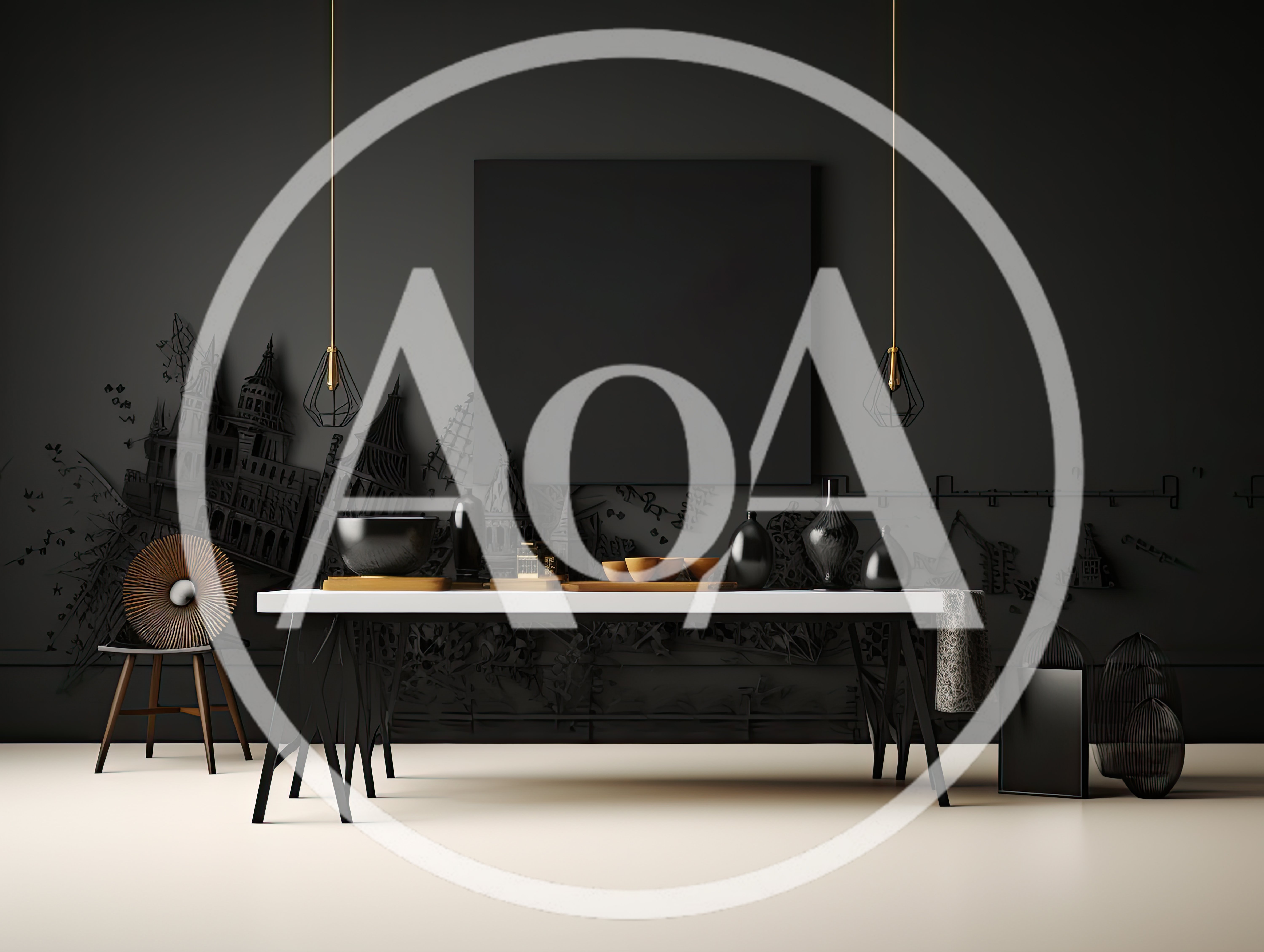 Modern Minimalist Dining Room With Black Wall Art