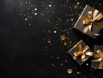 Black Gift Boxes With Gold Ribbons And Confetti