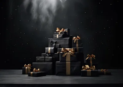 Stack Of Elegant Black Gift Boxes With Gold Ribbons