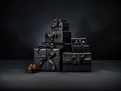 Stack of Elegant Black Gift Boxes with Ribbons