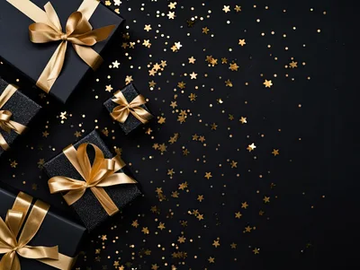 Black Gift Boxes With Gold Ribbons And Confetti