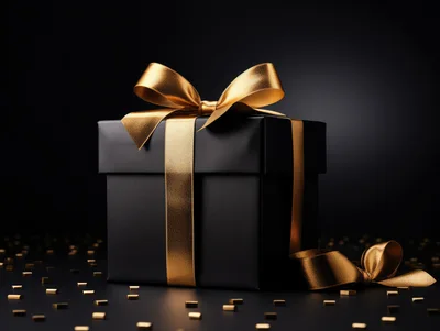 Black Gift Box With Gold Ribbon And Confetti