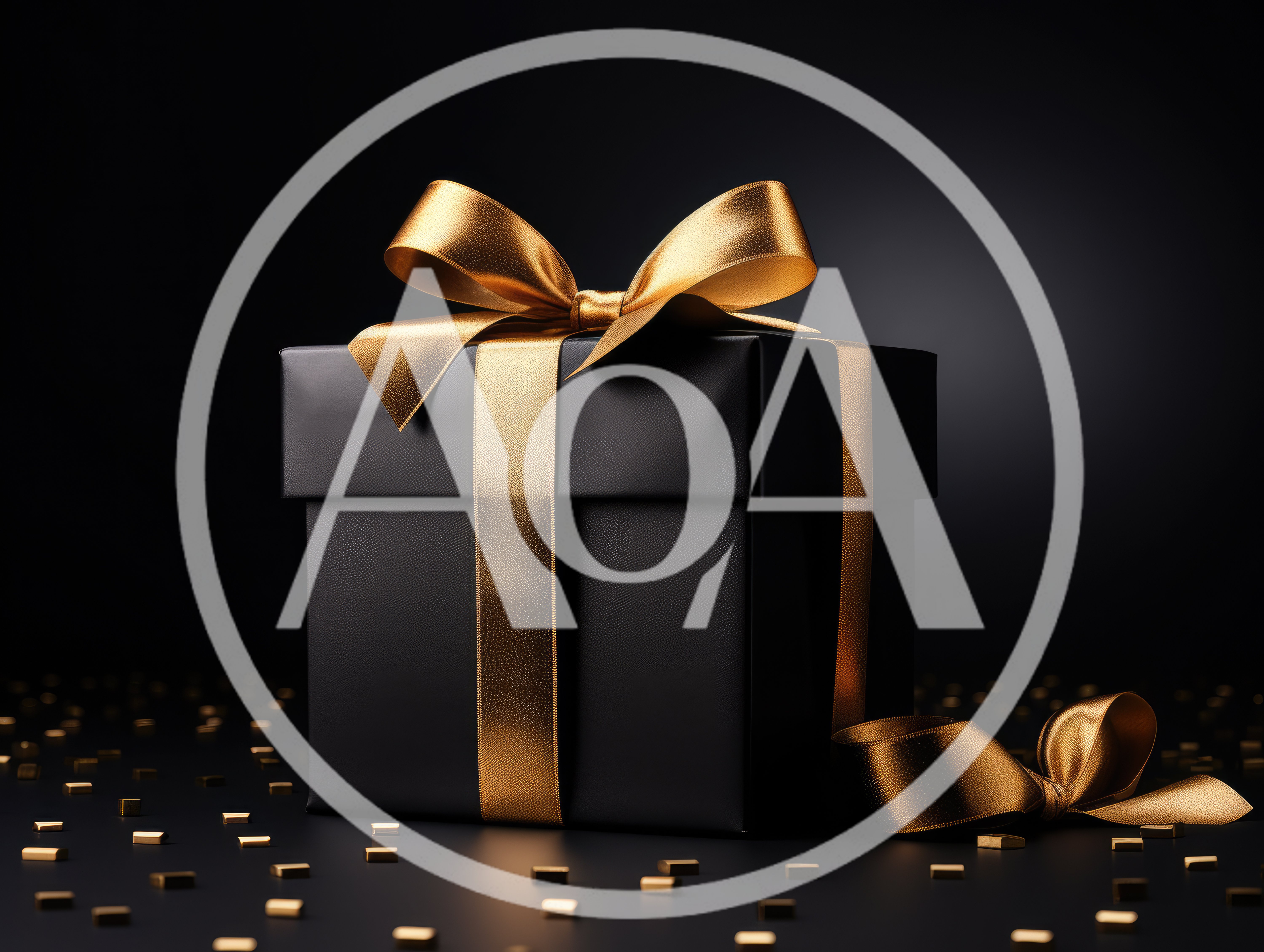 Black Gift Box With Gold Ribbon And Confetti