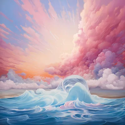 Surreal Ocean Wave Under Pastel Sunset Clouds