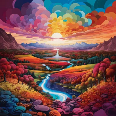 Vibrant Abstract Landscape With Winding River At Sunset
