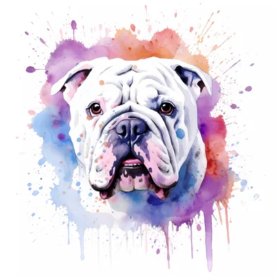 Watercolor Portrait Of A White Bulldog