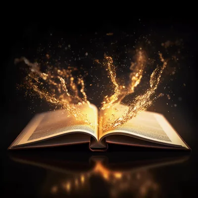 Open Book With Magical Golden Light Particles