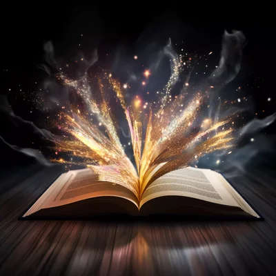 Open Magic Book With Glowing Golden Particles
