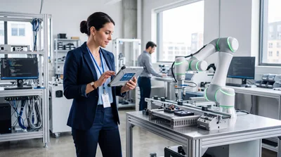 Female Engineer Programming Robotic Arm In Modern Laboratory
