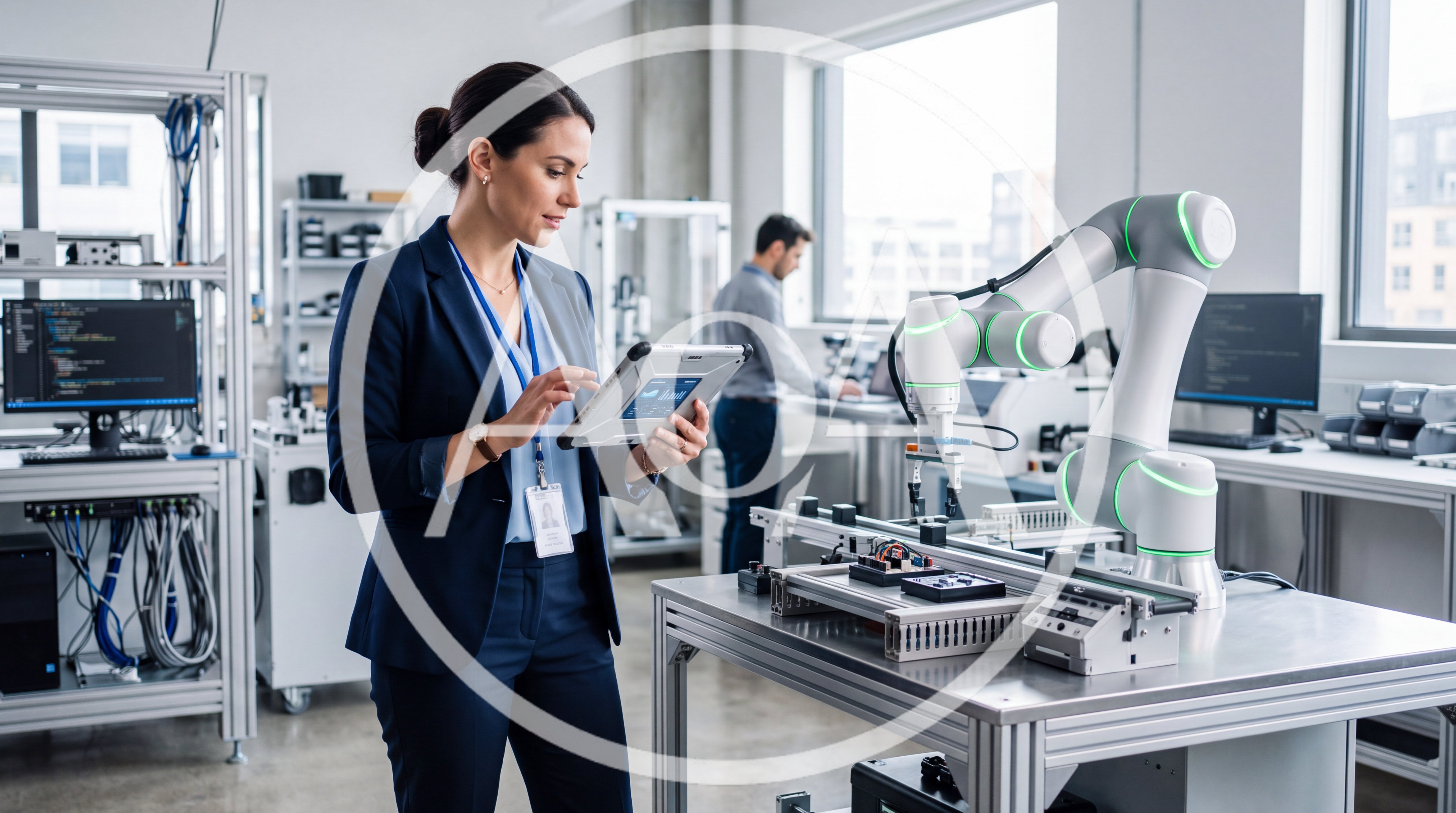 Female Engineer Programming Robotic Arm In Modern Laboratory
