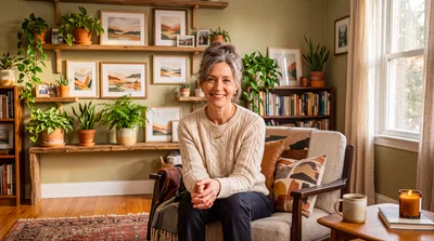 Middle Aged Woman Sitting In A Cozy Living Room