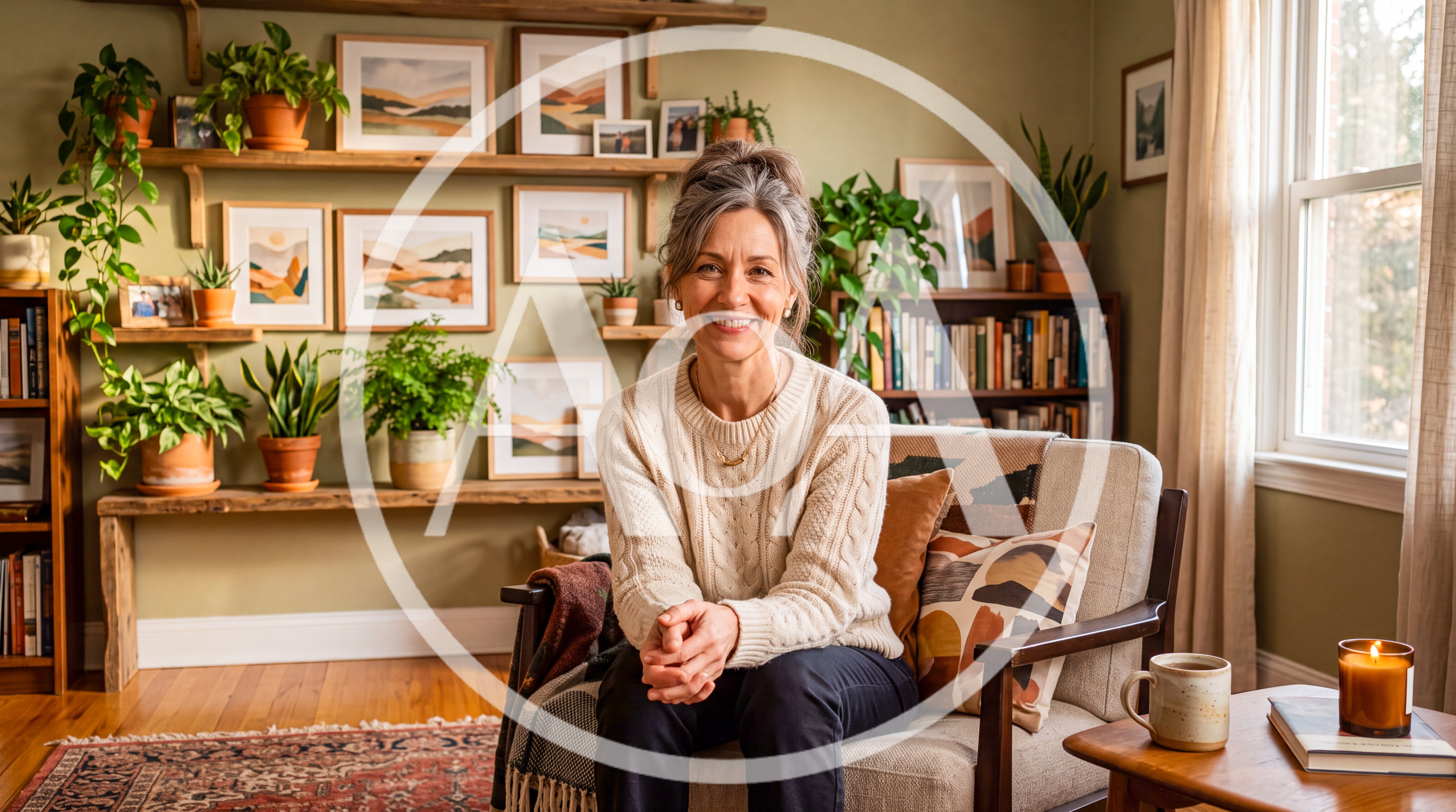 Middle Aged Woman Sitting In A Cozy Living Room